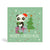Square merry Christmas card with a panda opening a card with gifts and tree on a teal background.