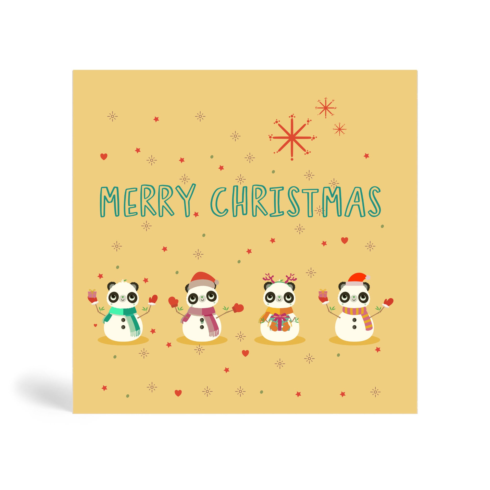 150mm Square Merry Christmas Bamboo Christmas Cards with four panda snowman friends.