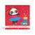 Red Eco-Friendly 150mm square Birthday card made of bamboo and cotton linters with the image of Panda wearing a Pink and Blue Ballet outfit and crown doing a happy dance because of so many presents and cake. The card says, Wishing you a PANDA-stic Birthday.