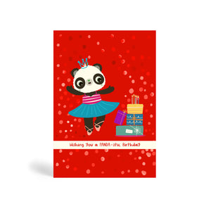 Red Eco-Friendly A6 Birthday card made of bamboo and cotton linters with the image of Panda wearing a Pink and Blue Ballet outfit and crown doing a happy dance because of so many presents and cake. The card says, Wishing you a PANDA-stic Birthday.