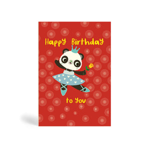 Red A6 Eco-Friendly Birthday card made of bamboo and cotton linters with dancing Panda wearing Blue and White Ballet outfit and a Blue crown, holding a yellow Rose. Text of the card says, Happy Birthday to you.
