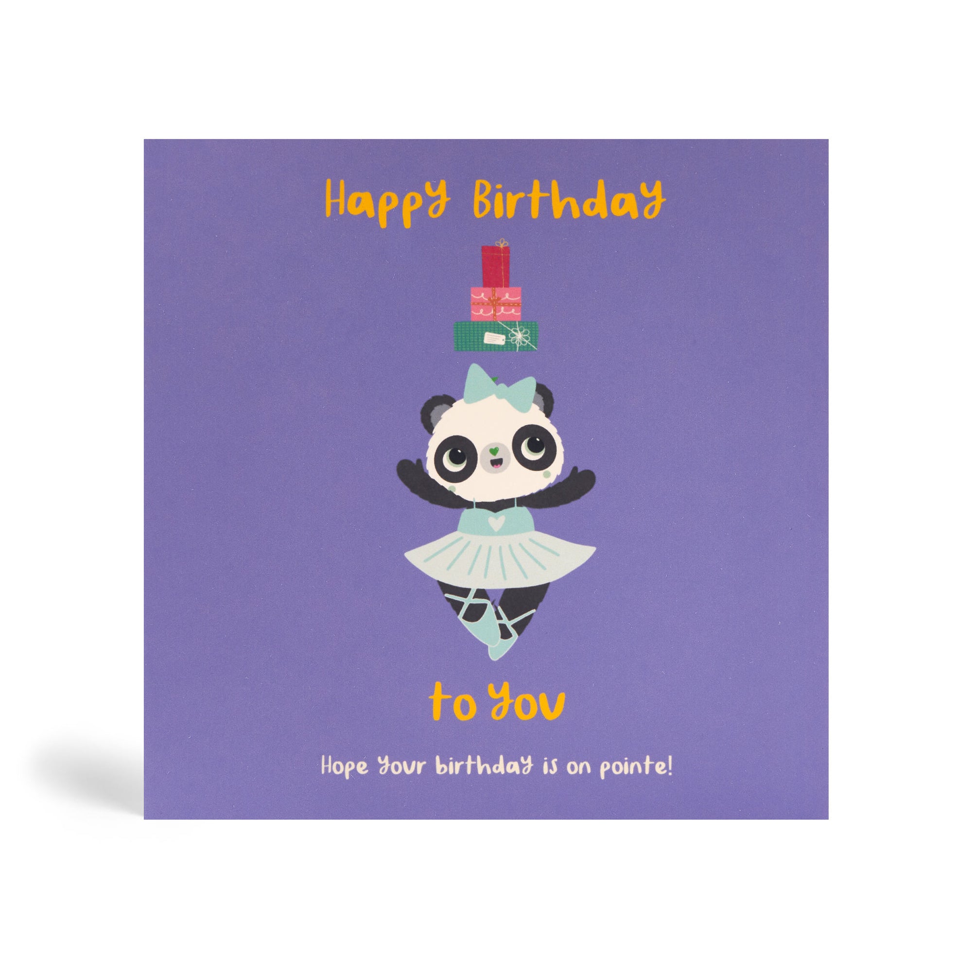Purple 150mm square Eco-Friendly greeting cards made from bamboo and cotton linters with image of Ballet dancing Panda wearing Turquoise Ballet outfit with head bow and present falling on her head. The card says Happy Birthday to you. Hope your Birthday is on Pointe!