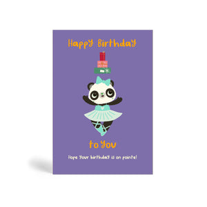 Purple A6 Eco-Friendly greeting cards made from bamboo and cotton linters with image of Ballet dancing Panda wearing Turquoise Ballet outfit with head bow and present falling on her head. The card says Happy Birthday to you. Hope your Birthday is on Pointe!
