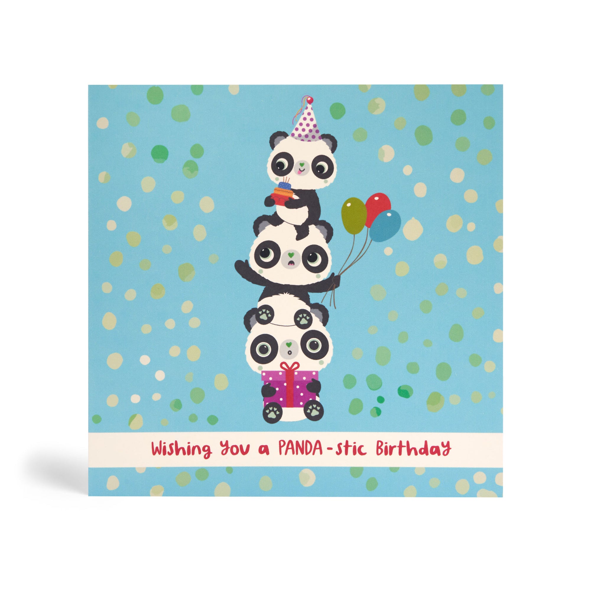 150mm square Blue with dots background eco-friendly, tree free, birthday greeting card with three Pandas Piggyback on top of each other. The top Panda is wearing a party hat and holding a cake, the middle Panda is holding balloons and the Panda at the bottom is sitting down and holding a purple present. The card says, wishing you a PANDA-stic Birthday.