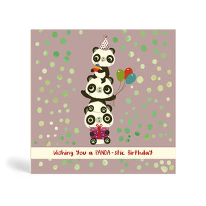 150mm square Purple grey with dots background eco-friendly, tree free, birthday greeting card with three Pandas Piggyback on top of each other. The top Panda is wearing a party hat and holding a cake, the middle Panda is holding balloons and the Panda at the bottom is sitting down and holding a purple present. The card says, wishing you a PANDA-stic Birthday.