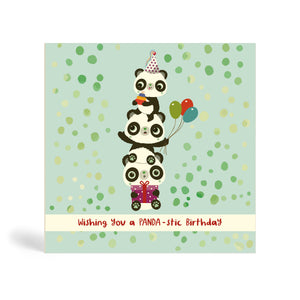 150mm square Light green with dots background eco-friendly, tree free, birthday greeting card with three Pandas Piggyback on top of each other. The top Panda is wearing a party hat and holding a cake, the middle Panda is holding balloons and the Panda at the bottom is sitting down and holding a purple present. The card says, wishing you a PANDA-stic Birthday.