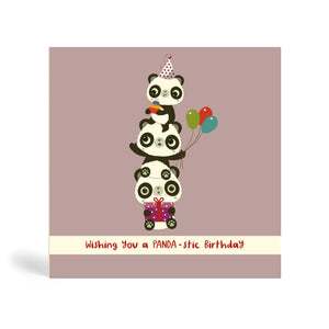 150mm square purple grey no dots background eco-friendly, tree free, birthday greeting card with three Pandas Piggyback on top of each other. The top Panda is wearing a party hat and holding a cake, the middle Panda is holding balloons and the Panda at the bottom is sitting down and holding a purple present. The card says, wishing you a PANDA-stic Birthday.
