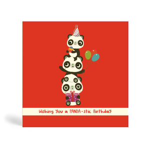 150mm square red no dots background eco-friendly, tree free, birthday greeting card with three Pandas Piggyback on top of each other. The top Panda is wearing a party hat and holding a cake, the middle Panda is holding balloons and the Panda at the bottom is sitting down and holding a purple present. The card says, wishing you a PANDA-stic Birthday.