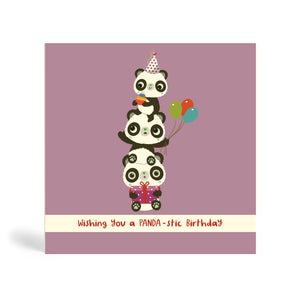 150mm square purple no dots background eco-friendly, tree free, birthday greeting card with three Pandas Piggyback on top of each other. The top Panda is wearing a party hat and holding a cake, the middle Panda is holding balloons and the Panda at the bottom is sitting down and holding a purple present. The card says, wishing you a PANDA-stic Birthday.