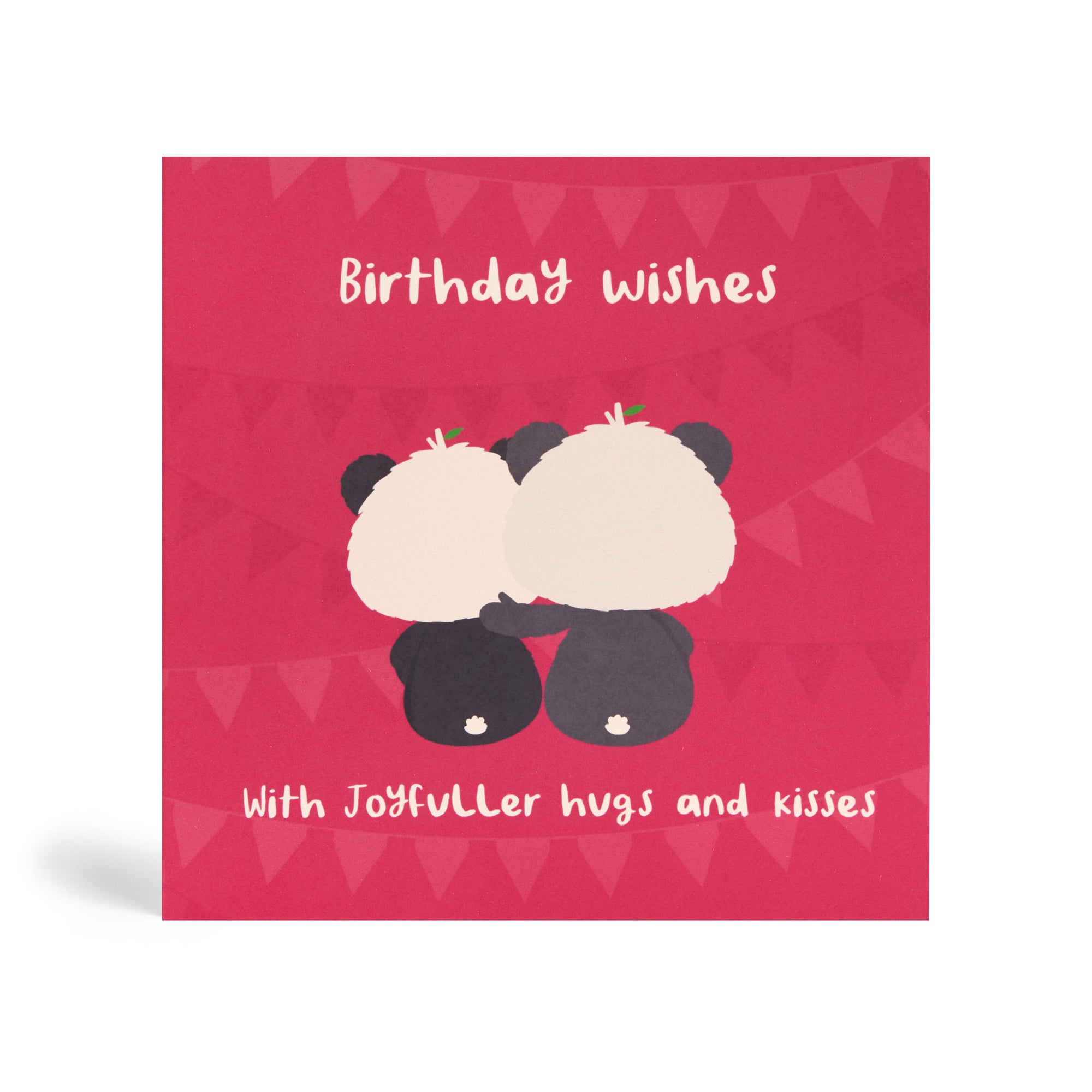 150mm square red eco-friendly, tree free, greeting card with two Pandas sharing Birthday Wishes with joyfuller Hugs and Kisses.