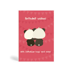 A6 red eco-friendly, tree free, greeting card with two Pandas sharing Birthday Wishes with joyfuller Hugs and Kisses.