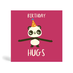 Red 150mm square eco-friendly, tree free, Big Panda Birthday Hugs greeting card with Panda wearing party hats and extending a long arm for a big hug. The card says Birthday Hugs.