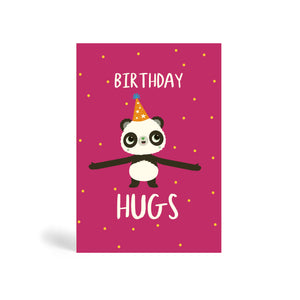 Red A6 eco-friendly, tree free, Big Panda Birthday Hugs greeting card with Panda wearing party hats and extending a long arm for a big hug. The card says Birthday Hugs with yellow dots in the background.