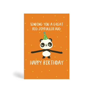 A6 orange eco-friendly, tree free, birthday greeting card with dots in the background showing Panda opening hands and ready to give you a joyfuller big birthday hug. The card says, Sending you a great big joyfuller hug. Happy Birthday.