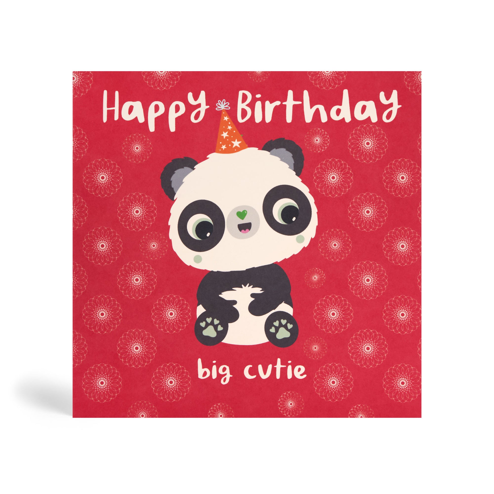 Red background 150mm square eco-friendly, tree free, with panda sitting down and enjoying an environmentally birthday celebration. The card says, Happy Birthday Big Cutie.