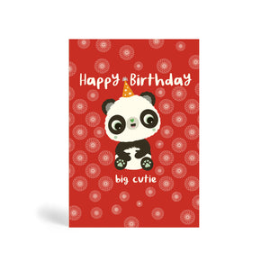 Red background A6 eco-friendly, tree free, with panda sitting down and enjoying an environmentally birthday celebration. The card says, Happy Birthday Big Cutie.