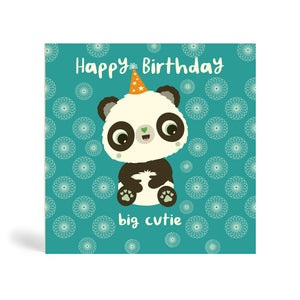 Teal background 150mm square eco-friendly, tree free, with panda sitting down and enjoying an environmentally birthday celebration. The card says, Happy Birthday Big Cutie.