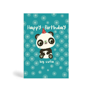 Teal background A6 eco-friendly, tree free, with panda sitting down and enjoying an environmentally birthday celebration. The card says, Happy Birthday Big Cutie.