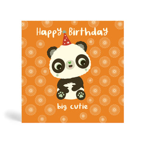 Orange background 150mm square eco-friendly, tree free, with panda sitting down and enjoying an environmentally birthday celebration. The card says, Happy Birthday Big Cutie.