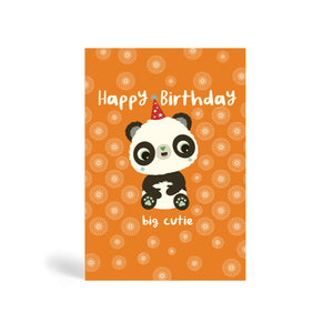 Orange background A6 eco-friendly, tree free, with panda sitting down and enjoying an environmentally birthday celebration. The card says, Happy Birthday Big Cutie.