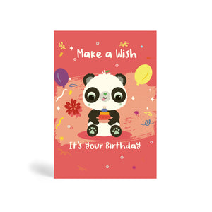 A6 pink eco-friendly, tree free, birthday greeting card with confetti, balloons and flowers in the background. The card is showing Panda sitting down with a yummy birthday cake and saying, Make a wish, it’s your Birthday!