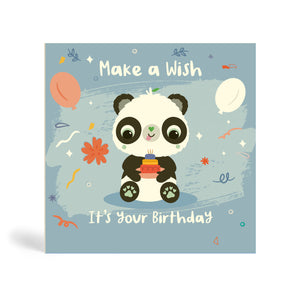 150mm square blue eco-friendly, tree free, birthday greeting card with confetti, balloons and flowers in the background. The card is showing Panda sitting down with a yummy birthday cake and saying, Make a wish, it’s your Birthday!