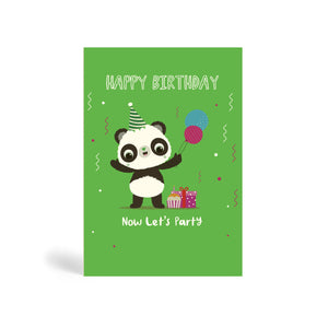 A6 green eco-friendly, tree free, birthday greeting card showing Panda having a birthday party wearing a party hat with balloons, present, cake and confetti. The card says, Happy Birthday. Now let’s party.