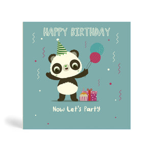 150mm square blue eco-friendly, tree free, birthday greeting card showing Panda having a birthday party wearing a party hat with balloons, present, cake and confetti. The card says, Happy Birthday. Now let’s party.