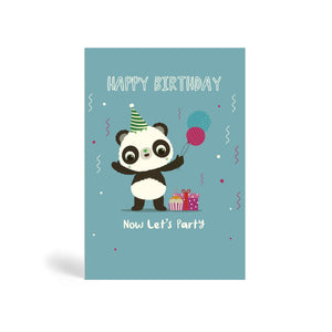 A6 blue eco-friendly, tree free, birthday greeting card showing Panda having a birthday party wearing a party hat with balloons, present, cake and confetti. The card says, Happy Birthday. Now let’s party.