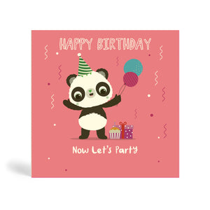 150mm square pink eco-friendly, tree free, birthday greeting card showing Panda having a birthday party wearing a party hat with balloons, present, cake and confetti. The card says, Happy Birthday. Now let’s party.