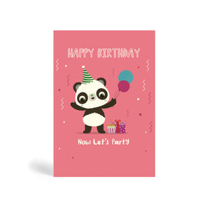 A6 pink eco-friendly, tree free, birthday greeting card showing Panda having a birthday party wearing a party hat with balloons, present, cake and confetti. The card says, Happy Birthday. Now let’s party.