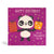 Purple 150mm square eco-friendly, tree free, birthday greeting card showing Panda holding two big Birthday presents with round confetti in the background. The card says, Happy Birthday, Special presents for you.