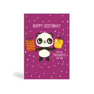 Purple A6 eco-friendly, tree free, birthday greeting card showing Panda holding two big Birthday presents with round confetti in the background. The card says, Happy Birthday, Special presents for you.