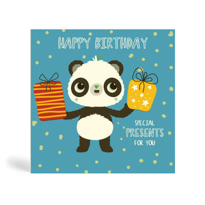 Blue 150mm square eco-friendly, tree free, birthday greeting card showing Panda holding two big Birthday presents with round confetti in the background. The card says, Happy Birthday, Special presents for you.