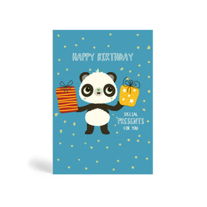 Blue A6 eco-friendly, tree free, birthday greeting card showing Panda holding two big Birthday presents with round confetti in the background. The card says, Happy Birthday, Special presents for you.