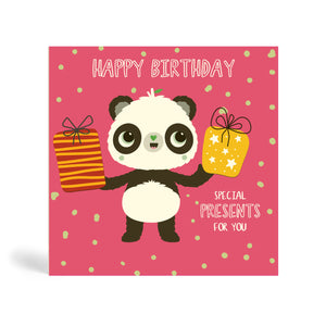 Pink 150mm square eco-friendly, tree free, birthday greeting card showing Panda holding two big Birthday presents with round confetti in the background. The card says, Happy Birthday, Special presents for you.