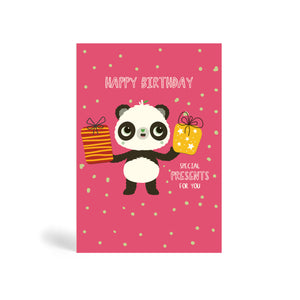 Pink A6 eco-friendly, tree free, birthday greeting card showing Panda holding two big Birthday presents with round confetti in the background. The card says, Happy Birthday, Special presents for you.