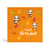 150mm square orange eco-friendly, tree free, birthday greeting card showing three Pandas enjoying a birthday party surrounded by autumn leaves. One Panda is holding a red rose, another is holding a heart shape and the third one is holding a greeting card in an envelope. The card says, Happy Birthday.