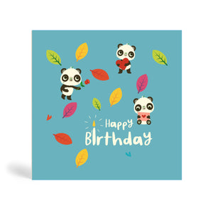 150mm square blue eco-friendly, tree free, birthday greeting card showing three Pandas enjoying a birthday party surrounded by autumn leaves. One Panda is holding a red rose, another is holding a heart shape and the third one is holding a greeting card in an envelope. The card says, Happy Birthday.