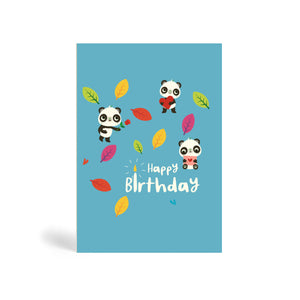 A6 blue eco-friendly, tree free, birthday greeting card showing three Pandas enjoying a birthday party surrounded by autumn leaves. One Panda is holding a red rose, another is holding a heart shape and the third one is holding a greeting card in an envelope. The card says, Happy Birthday.