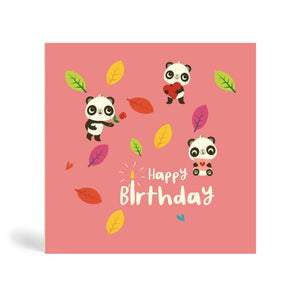150mm square pink eco-friendly, tree free, birthday greeting card showing three Pandas enjoying a birthday party surrounded by autumn leaves. One Panda is holding a red rose, another is holding a heart shape and the third one is holding a greeting card in an envelope. The card says, Happy Birthday.
