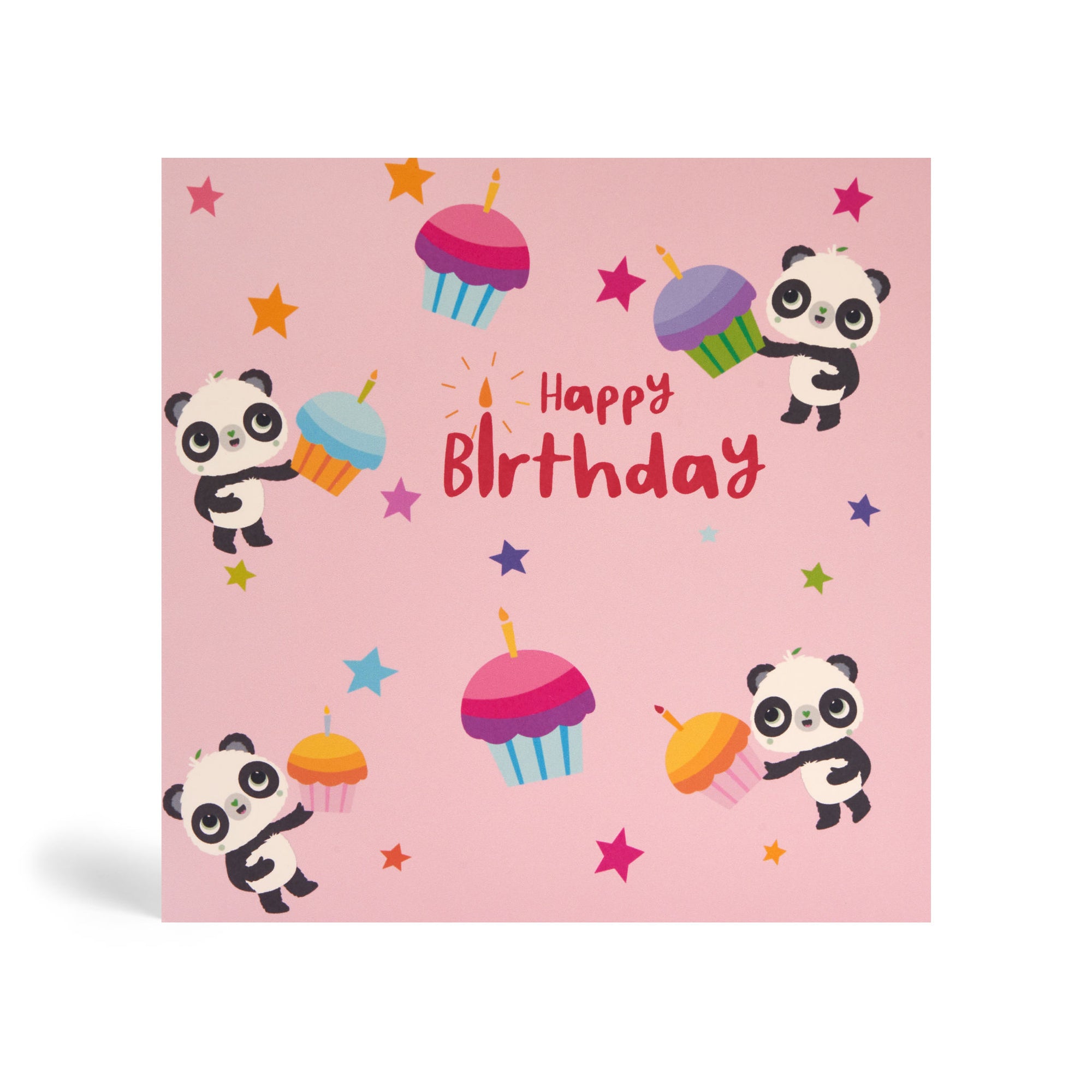 150mm square eco-friendly, tree free, pink background happy birthday greeting with four Pandas holding birthday cupcakes with different coloured stars in the background.