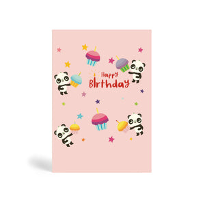 A6 eco-friendly, tree free, pink background happy birthday greeting with four Pandas holding birthday cupcakes with different coloured stars in the background.