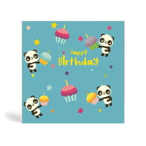 150mm square eco-friendly, tree free, blue background happy birthday greeting with four Pandas holding birthday cupcakes with different coloured stars in the background.