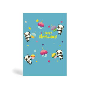 A6 eco-friendly, tree free, blue background happy birthday greeting with four Pandas holding birthday cupcakes with different coloured stars in the background.