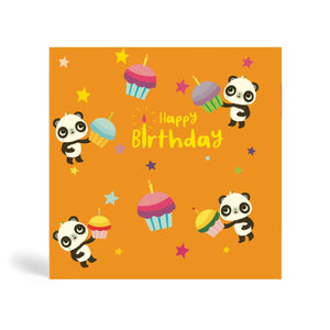150mm square eco-friendly, tree free, orange background happy birthday greeting with four Pandas holding birthday cupcakes with different coloured stars in the background.