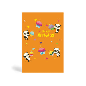 A6 eco-friendly, tree free, orange background happy birthday greeting with four Pandas holding birthday cupcakes with different coloured stars in the background.