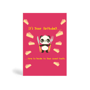 A6 eco-friendly, tree free, birthday greeting card with Panda standing, holding fork and knife surrounded by slices of birthday cakes. It's your Birthday.... time to Panda to your sweet tooth. In bright red colour.
