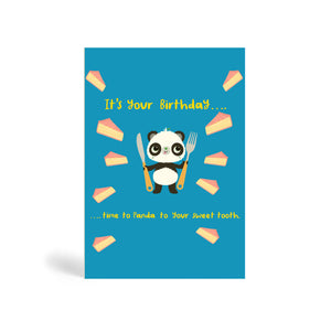 A6 eco-friendly, tree free, birthday greeting card with Panda standing, holding fork and knife surrounded by slices of birthday cakes. It's your Birthday.... time to Panda to your sweet tooth. In blue colour.