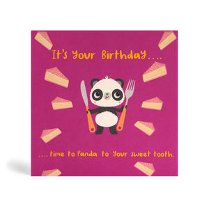 150mm square eco-friendly, tree free, birthday greeting card with Panda standing, holding fork and knife surrounded by slices of birthday cakes. It's your Birthday.... time to Panda to your sweet tooth. In purple colour.